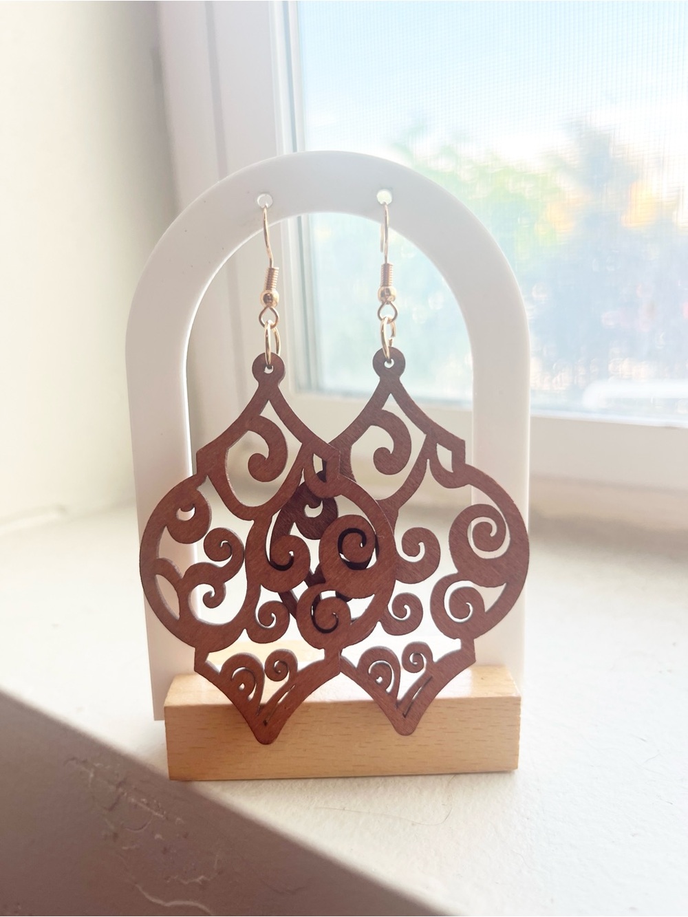 Wood Brown Filigree Wooden Earrings